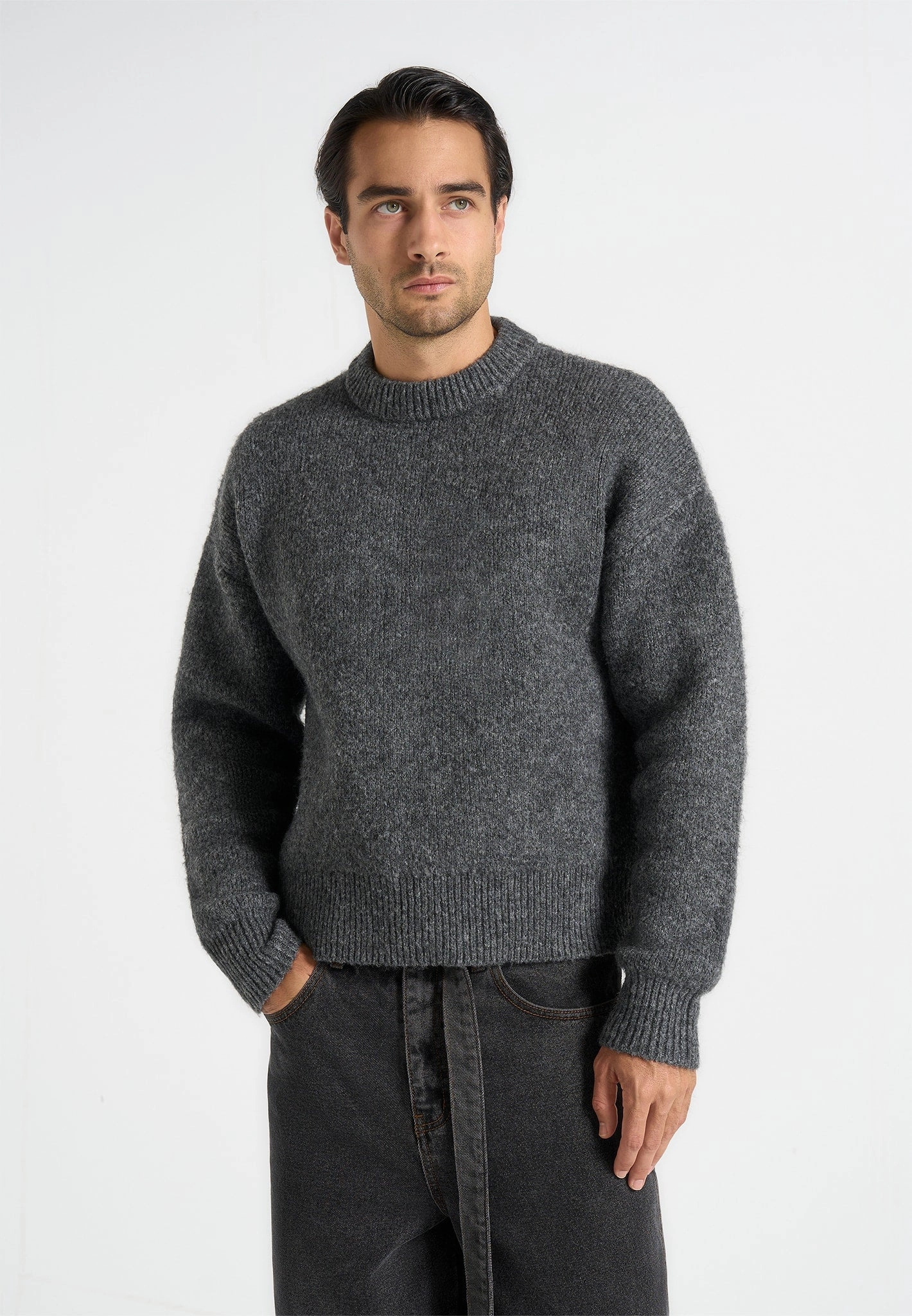 Chris - Brushed Wool Knit Jumper - Grey Cozy Fleece