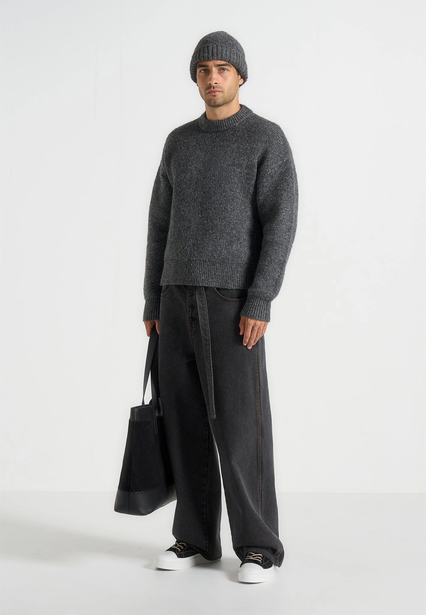 Chris - Brushed Wool Knit Jumper - Grey Waffle Knit Texture