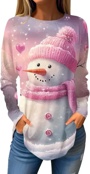 Christmas Shirts for Women 2024 Plus Size Funny Xmas Print Long Sleeve Tunic Tops Cute Casual Fall Winter Sweatshirts