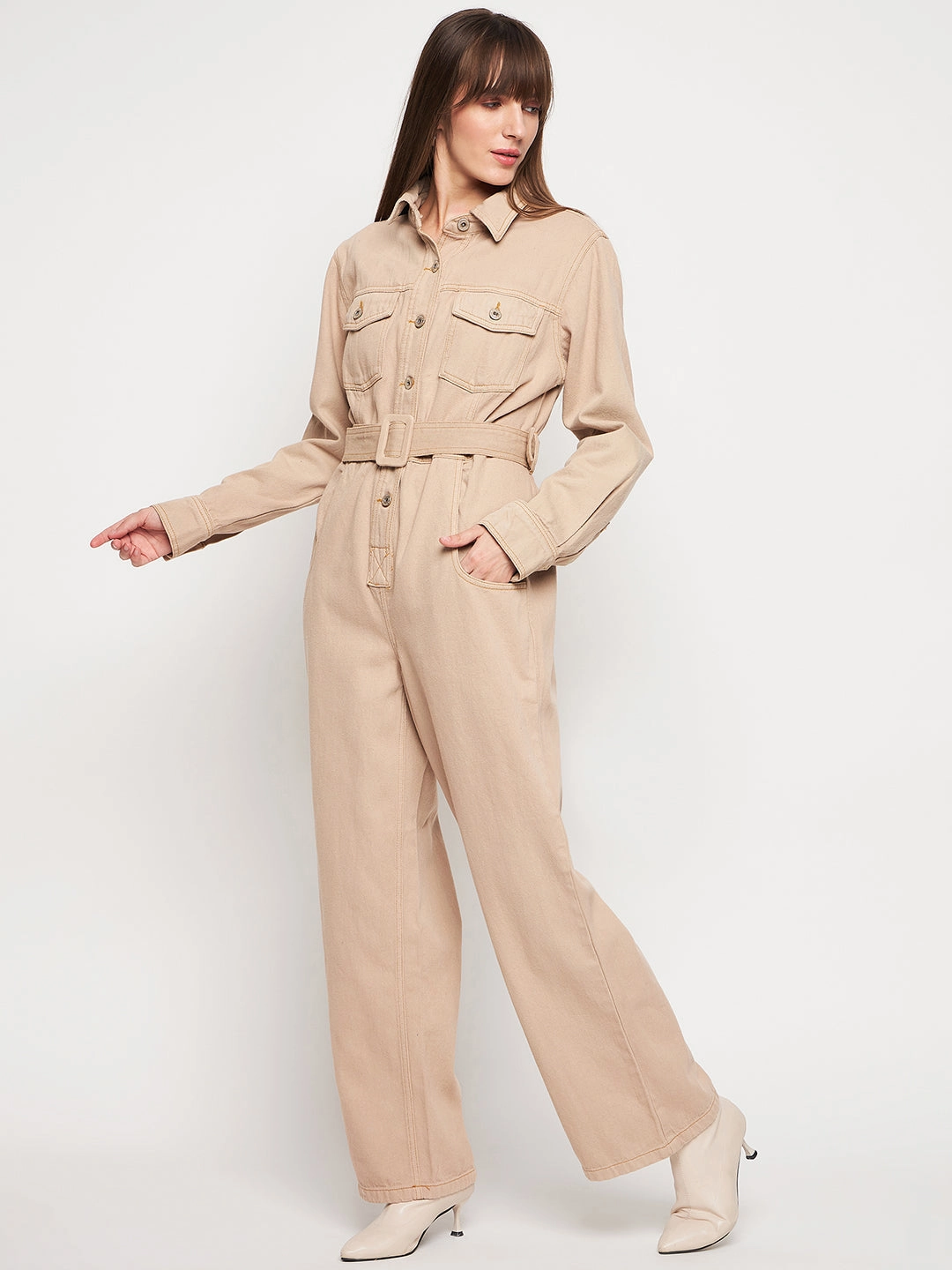 Breath Soft Madame Beige Belted Cargo Jumpsuit