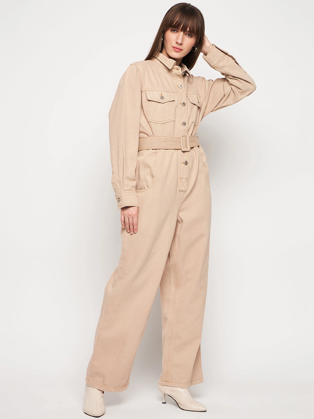 Madame Beige Belted Cargo Jumpsuit Pure Lines french chic