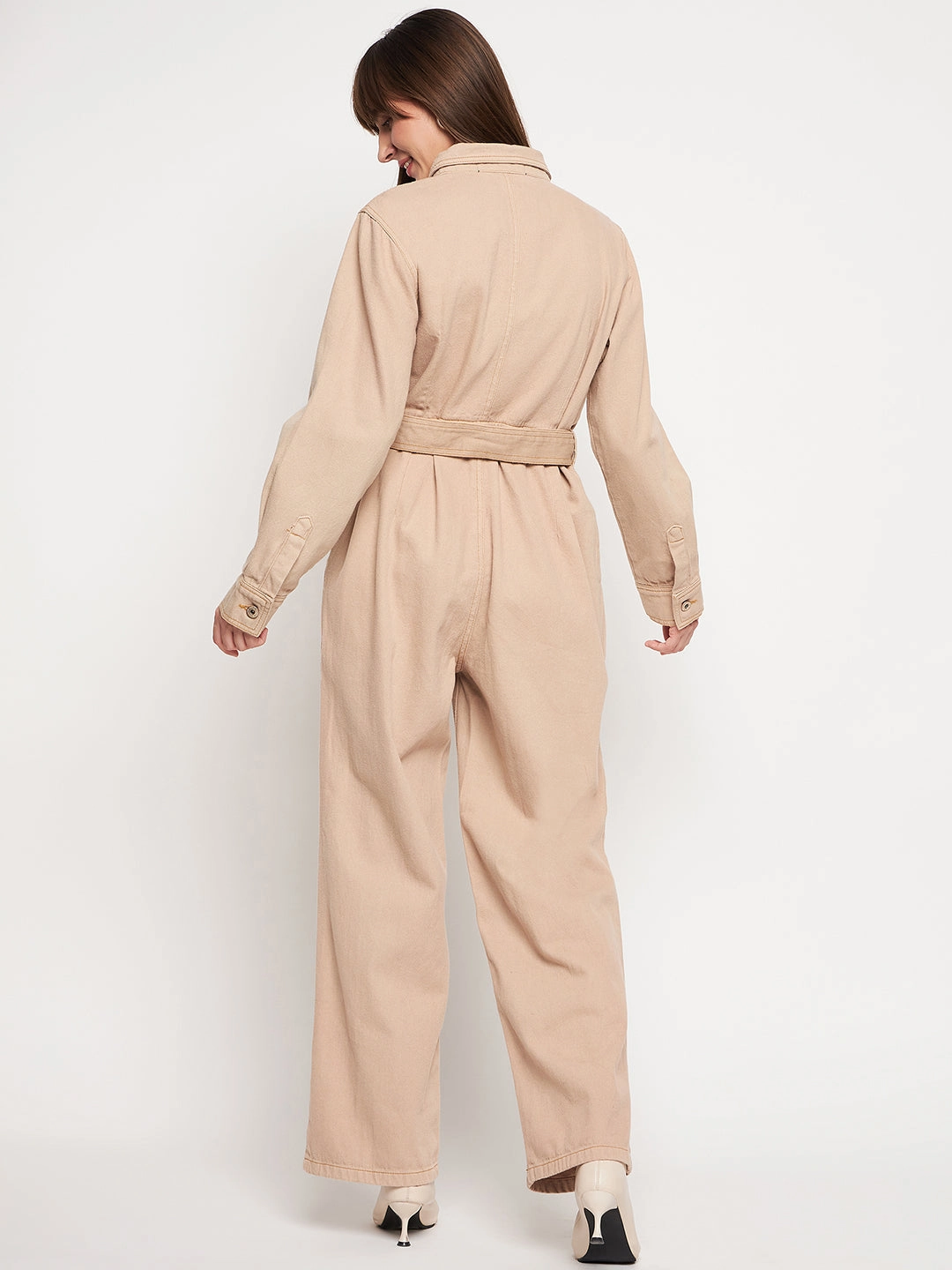 Flattering Silhouette Madame Beige Belted Cargo Jumpsuit