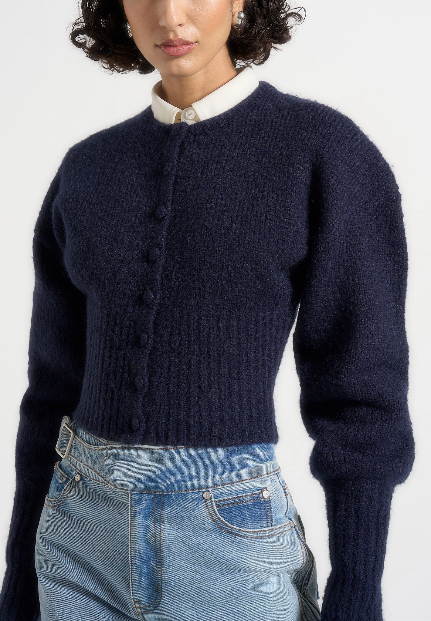 Mayla - Knitted Cinch Waist Cardigan - Navy Under Jacket Office Layer