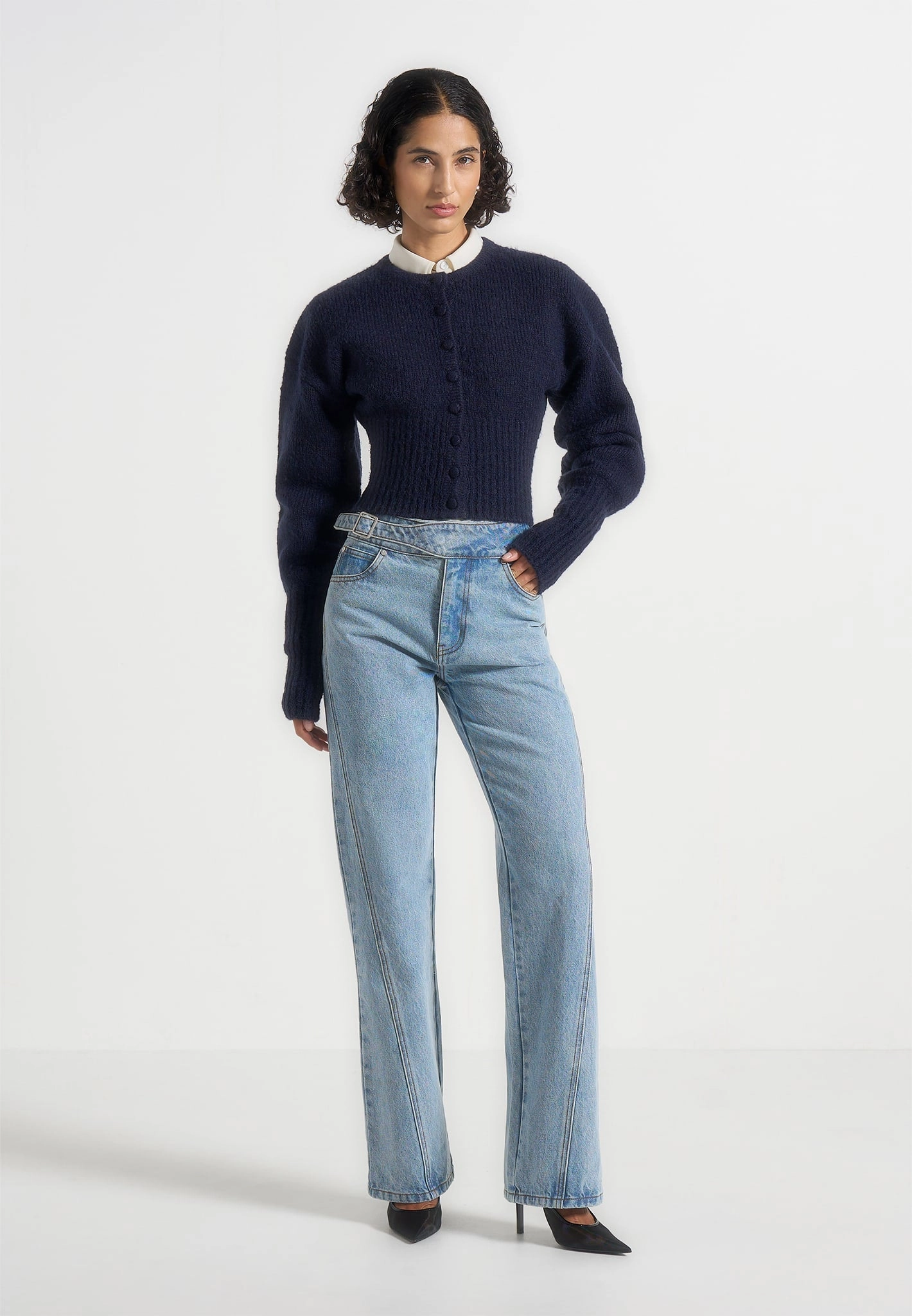 Mayla - Knitted Cinch Waist Cardigan - Navy Simple Wear HeatTrapping Fibers