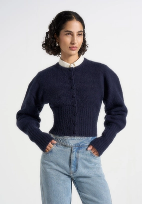 Mayla - Knitted Cinch Waist Cardigan - Navy High Thread Count Wide Hem Detail