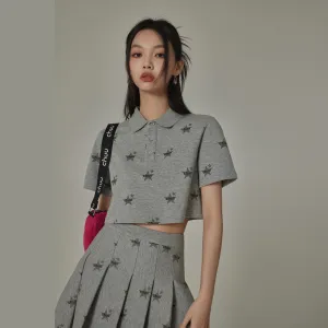 Chuu Star Pattern Button Up Collar Cropped T-Shirt