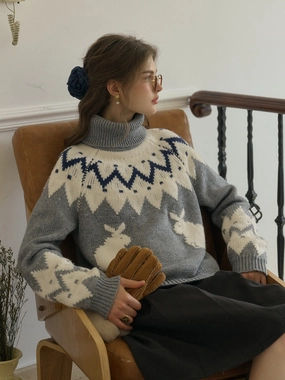 Cielo Turtleneck SR Exclusive Bunny Design Fair Isle Wool Sweater Functional Piece