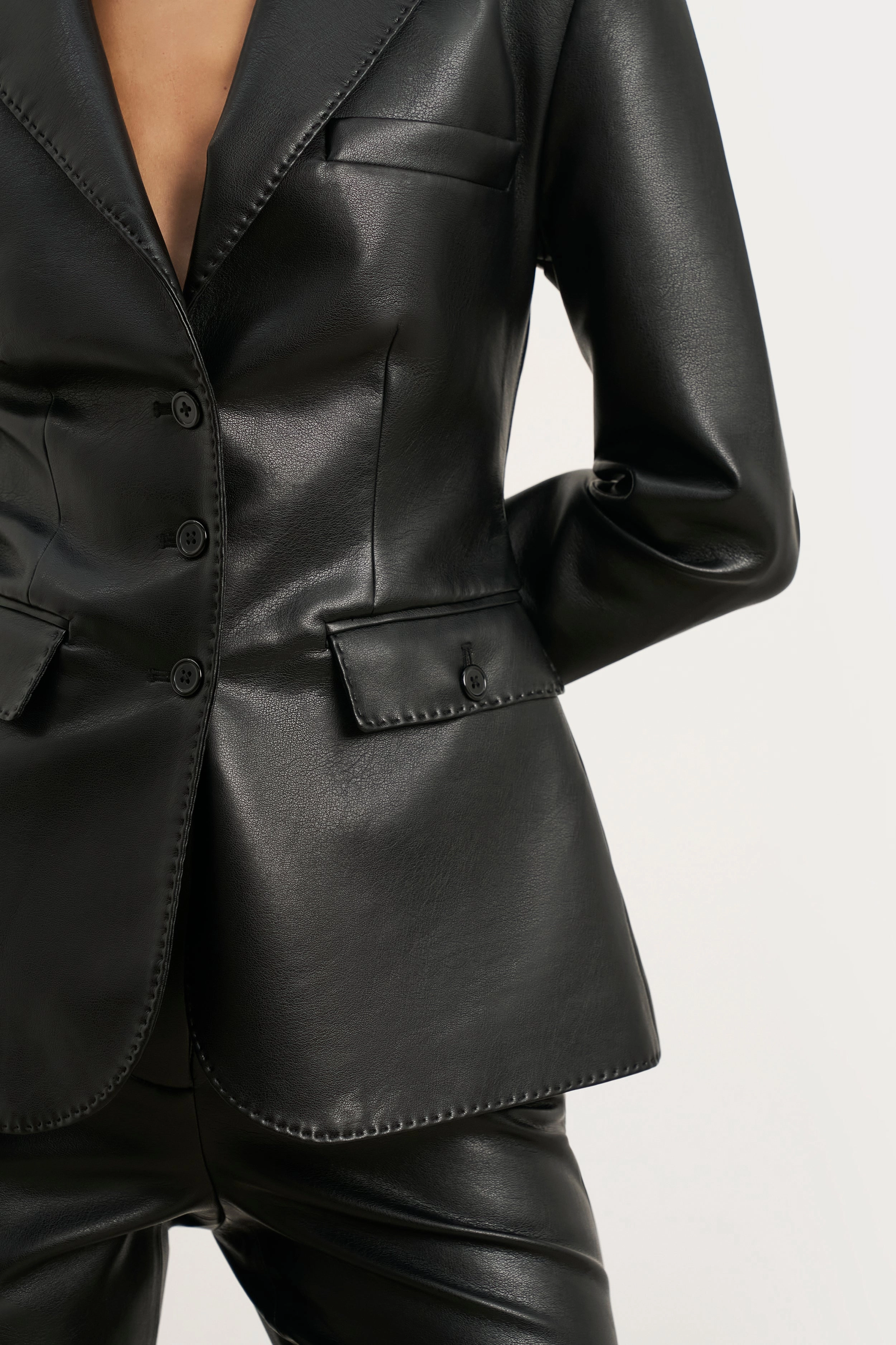 Cinched Waist Leather Blazer - Black Seamless Look Training Gear