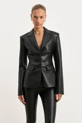 Cinched Waist Leather Blazer - Black Hemmed edges seams Snapped