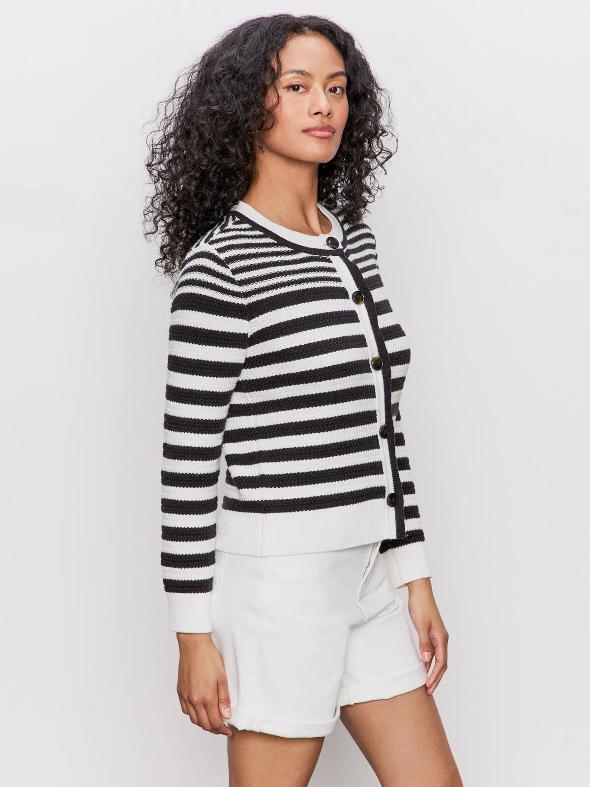 City Summer Cardi Black/ Macrame Multi Stripe Sustainable Textile Soft Sweater