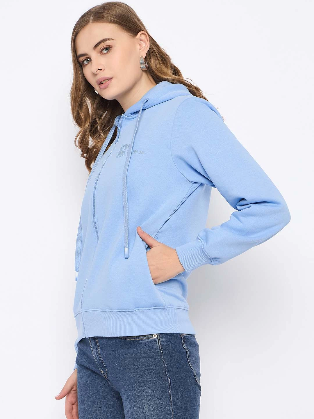 Madame Fleece Placement Printed Zipped Powder Blue Hooded Sweatshirt product combo
