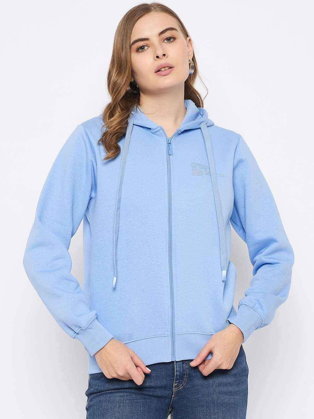 Comfy Basics Graphic Design Madame Fleece Placement Printed Zipped Powder Blue Hooded Sweatshirt