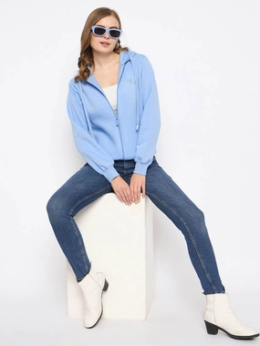 Cozy Essentials product mountain style allure Madame Fleece Placement Printed Zipped Powder Blue Hooded Sweatshirt