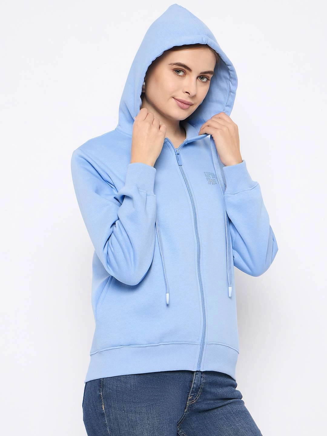 Classic Hoodie Simple Fashion Madame Fleece Placement Printed Zipped Powder Blue Hooded Sweatshirt