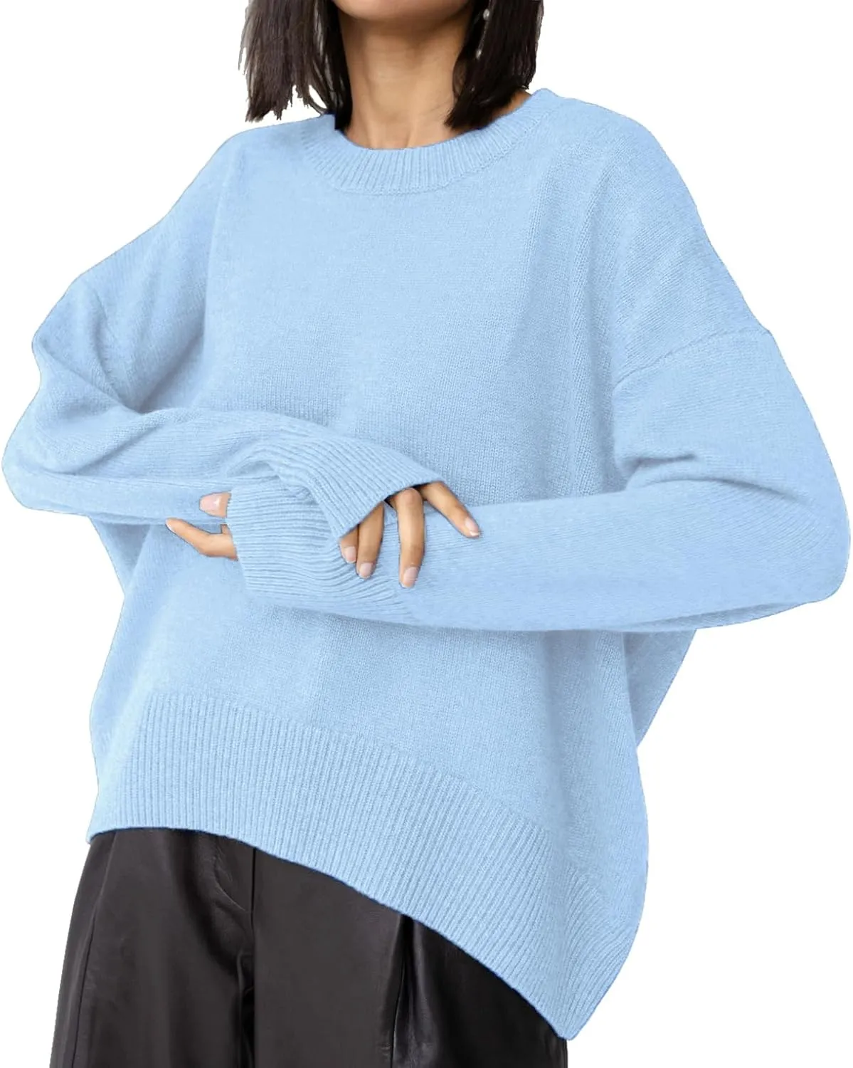 Ckikiou Oversized Crewneck Cute Slouchy High Low Sweater for Women Fall Winter Casual Long Sleeve Soft Knitted Pullover Top
