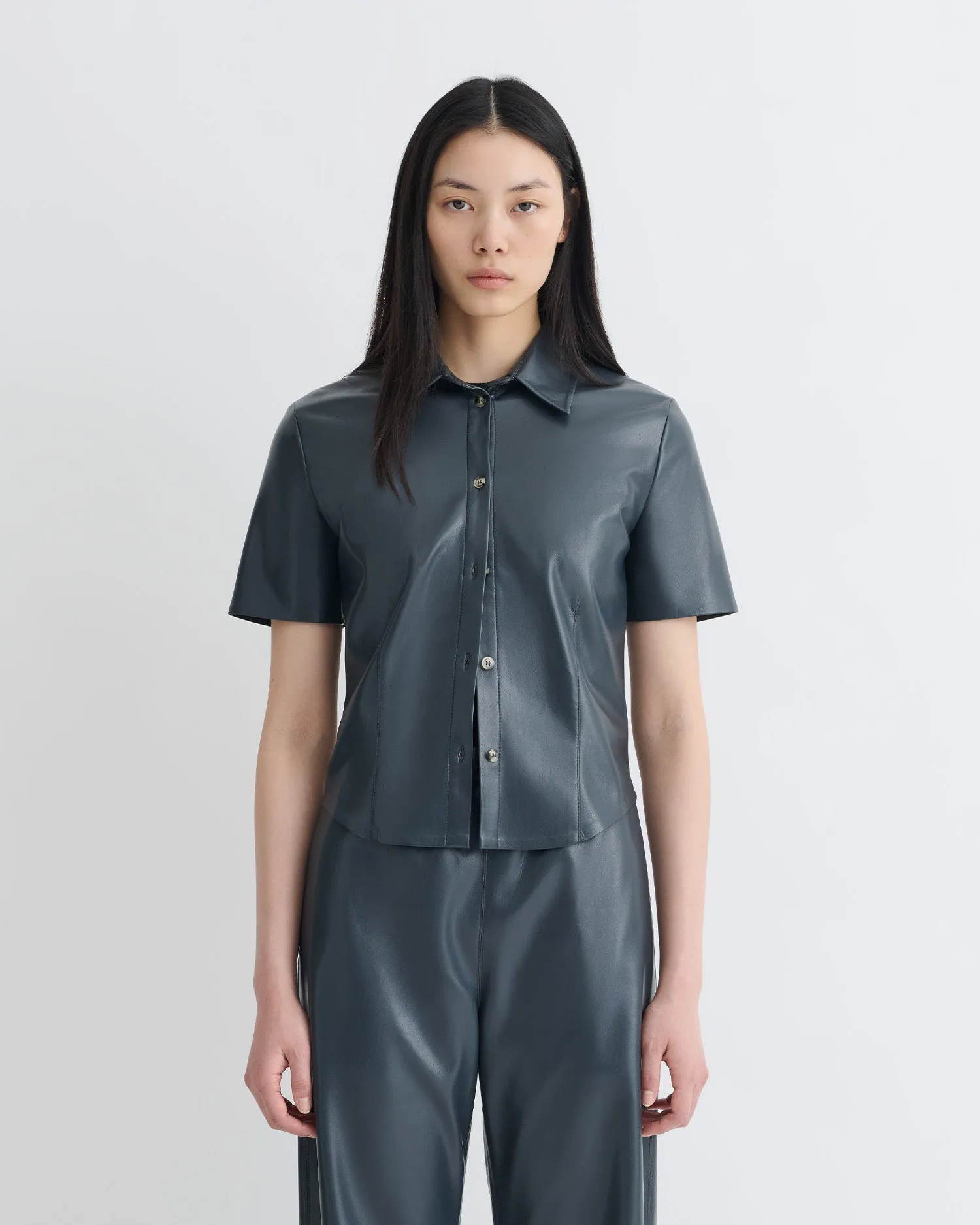 Sleek Comfort Wear Clare - Okobor?Alt-Leather Shirt - Steel Blue