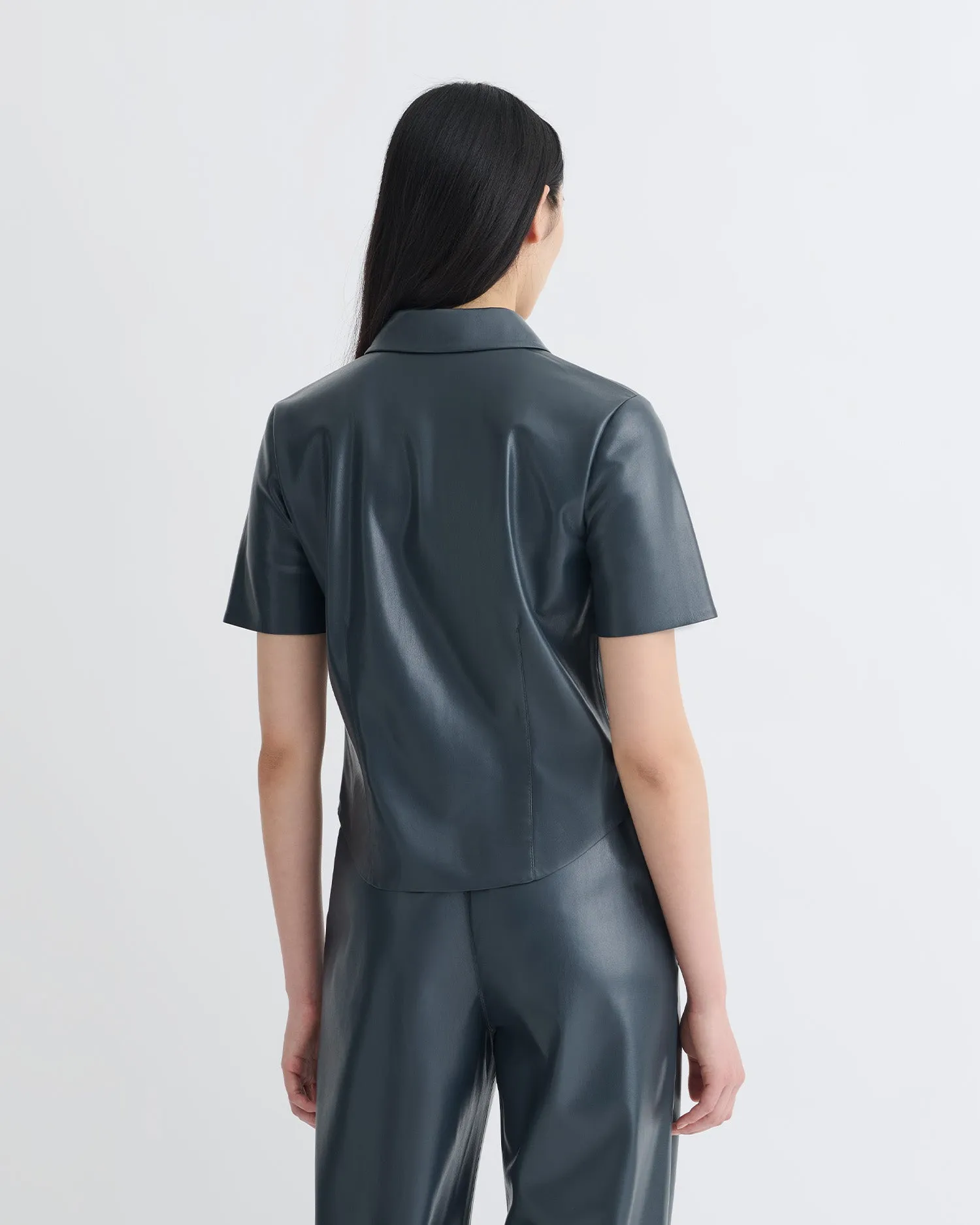 Clare - Okobor?Alt-Leather Shirt - Steel Blue Stain Repellent Treatment