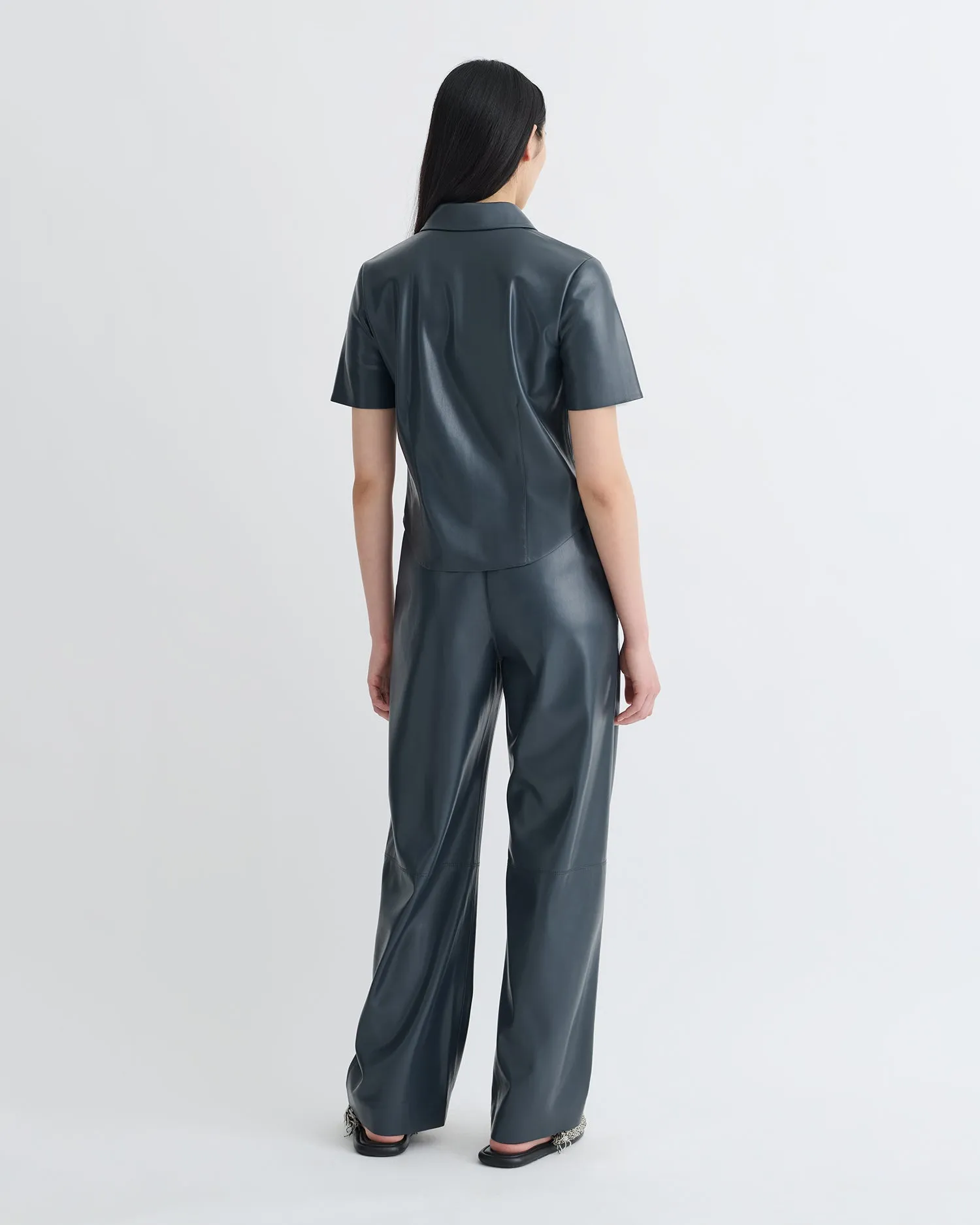 Clare - Okobor?Alt-Leather Shirt - Steel Blue neon colors Daily Casual