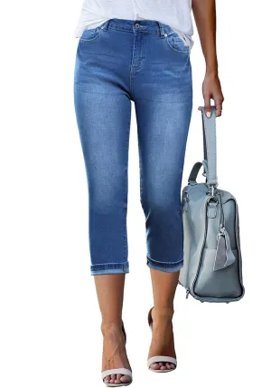 Classic Blue Women's High Waisted Straight Leg Denim Jeans Pockets Casual Capri Pants