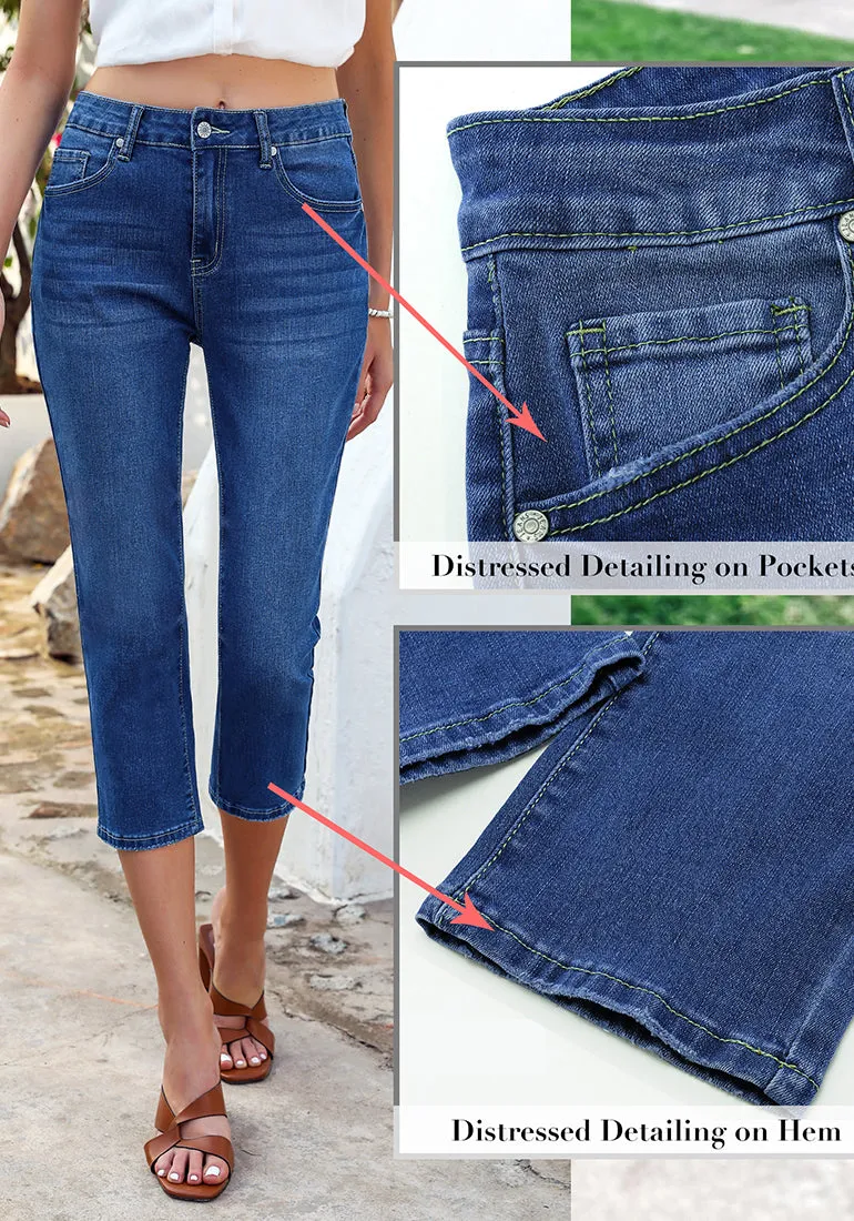 Classic Blue Women's High Waisted Straight Leg Denim Jeans Pockets Casual Capri Pants
