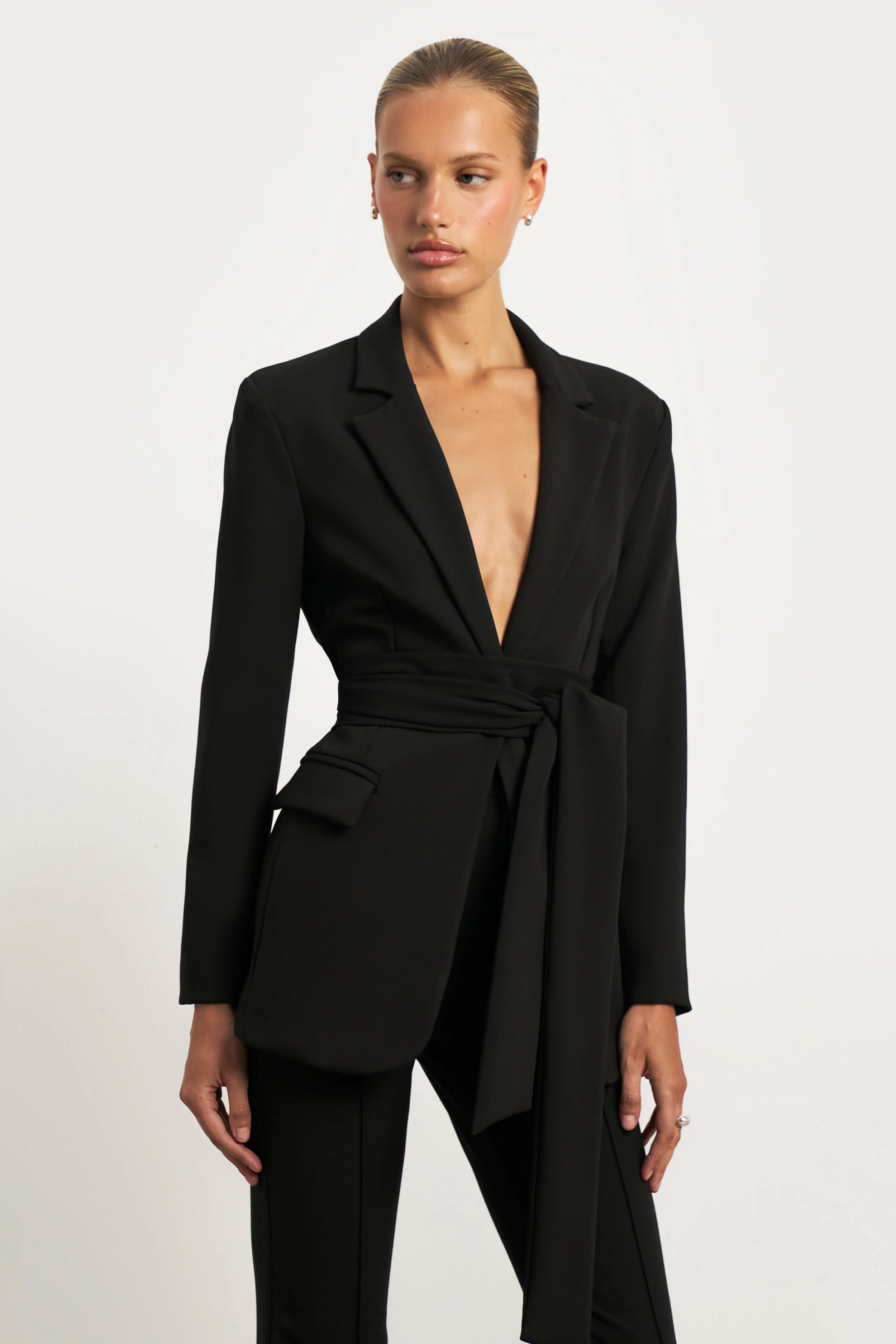 Classic Blazer With Belt - Black Square Neck