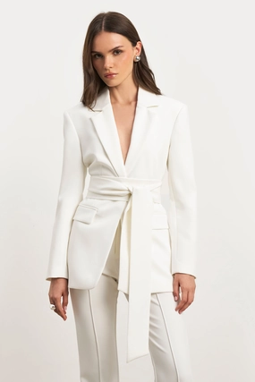 Classic Blazer With Belt - White monogrammed Reinforced Stitching