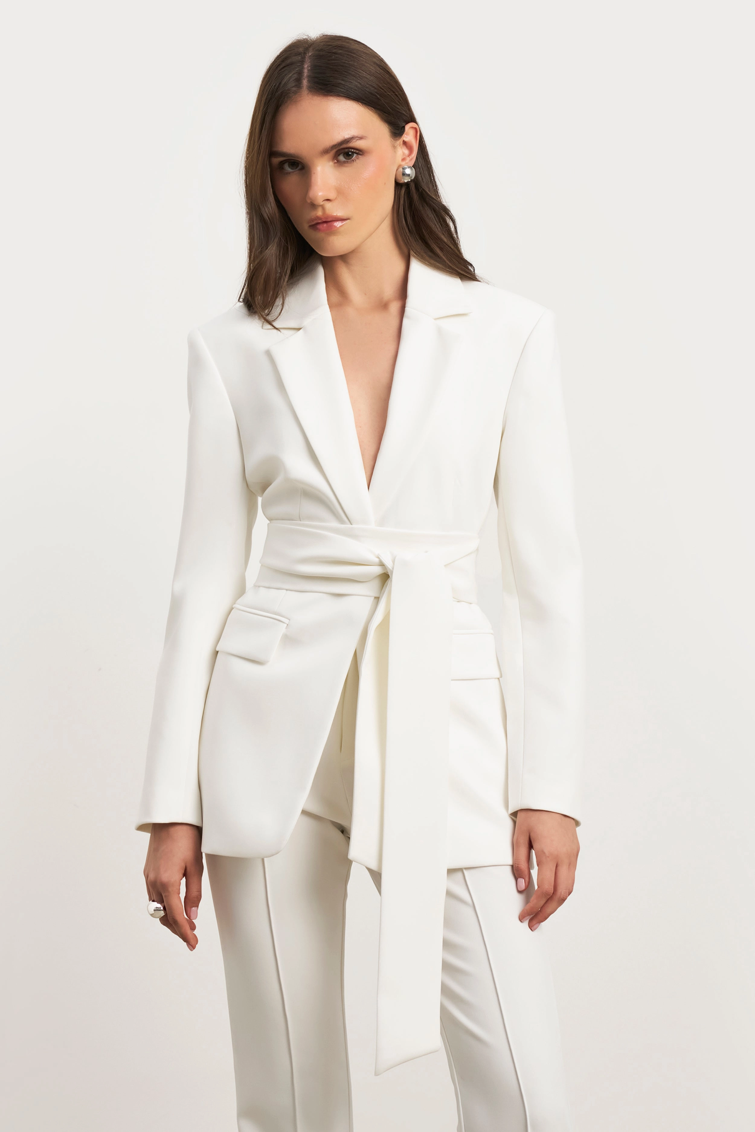 Classic Blazer With Belt - White monogrammed Reinforced Stitching