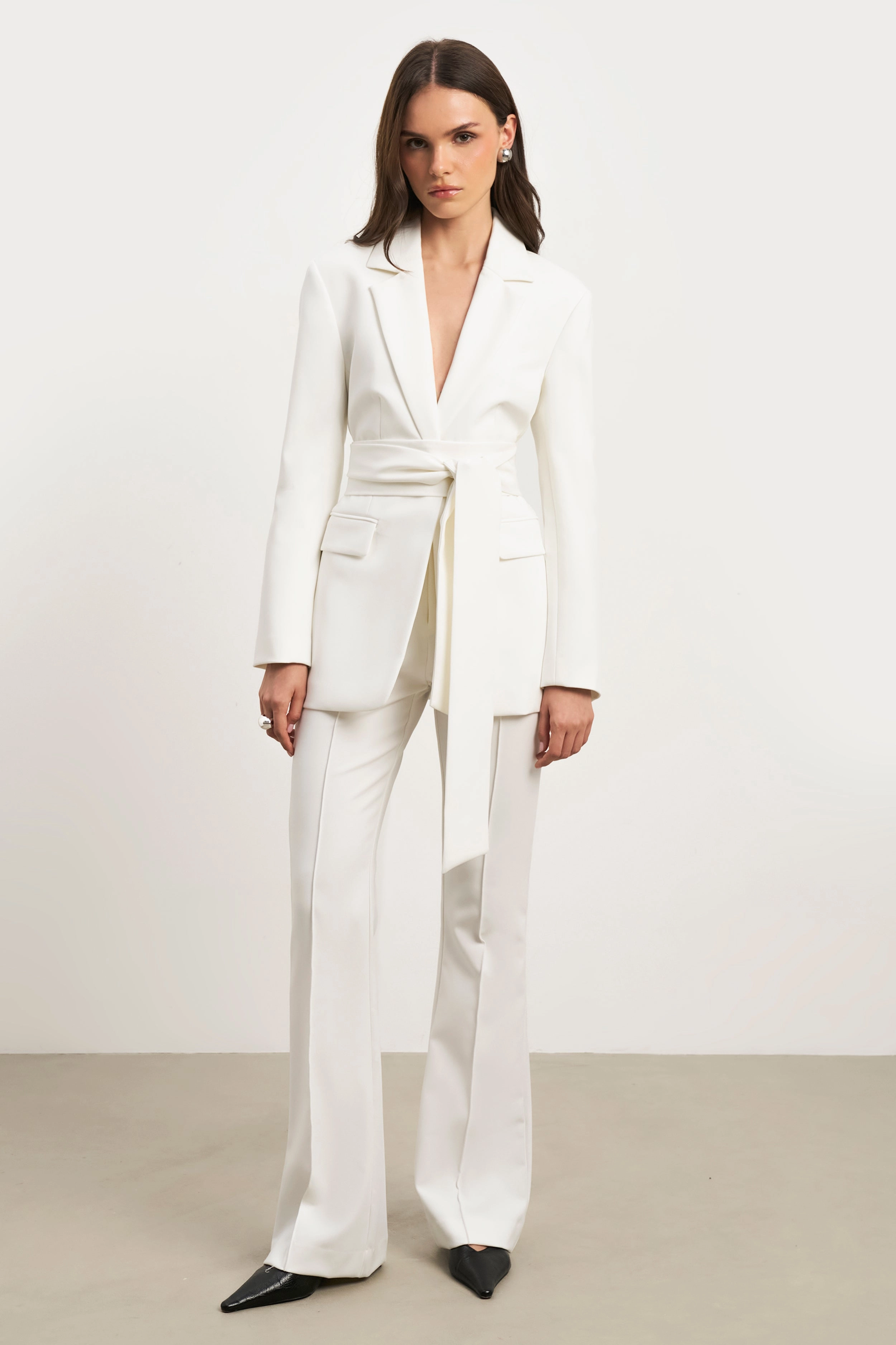 Classic Blazer With Belt - White Smooth Finish