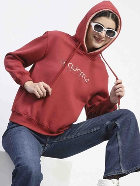 Street Casual product beach relaxation vibe Madame Print And Handwork Red Hooded Sweatshirt