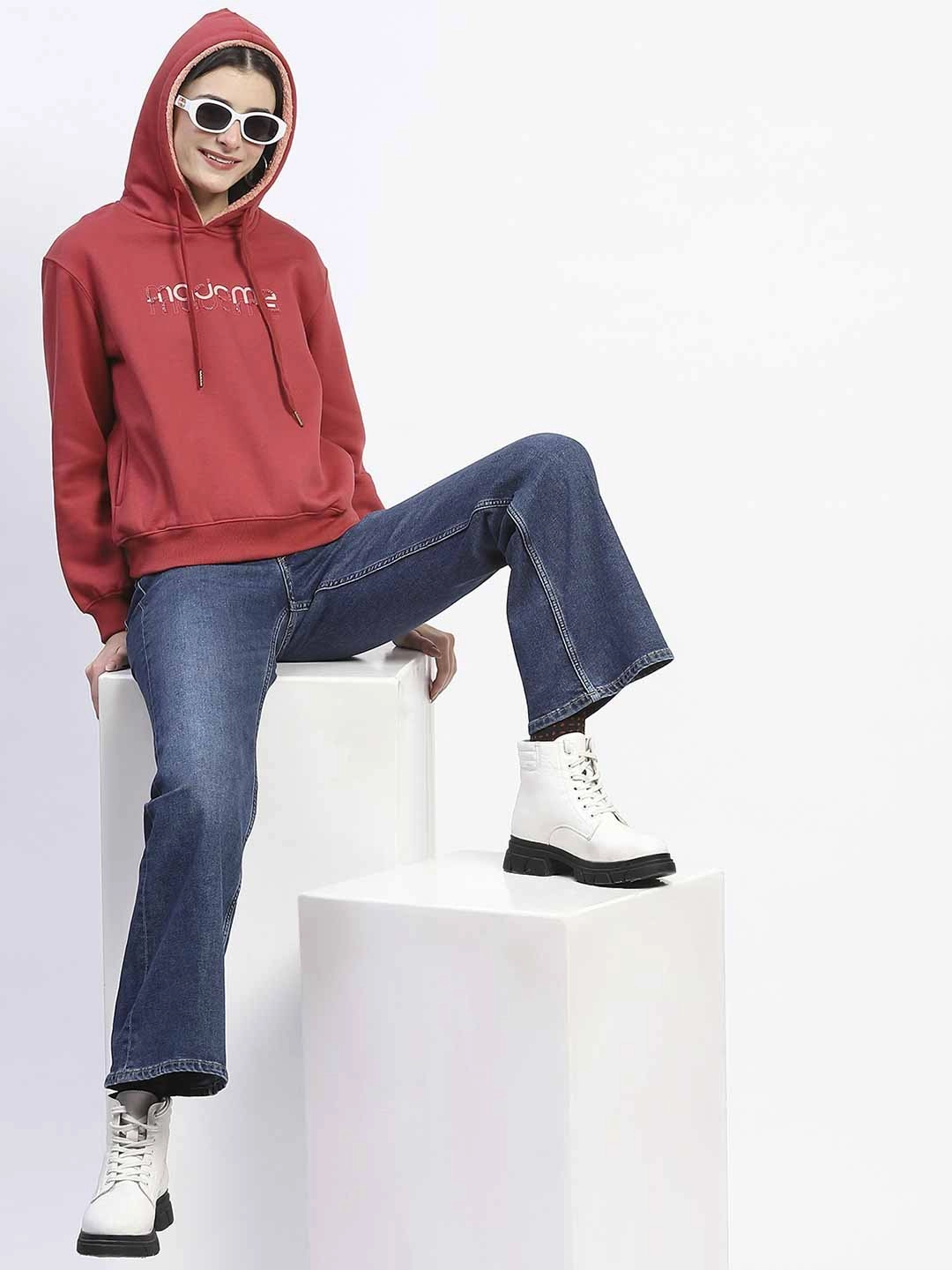 Comfortable For Walking Madame Print And Handwork Red Hooded Sweatshirt