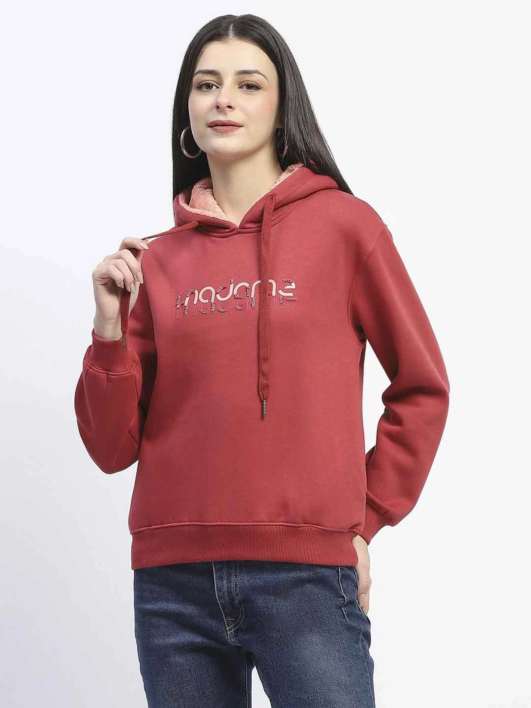 Madame Print And Handwork Red Hooded Sweatshirt Fashion Top