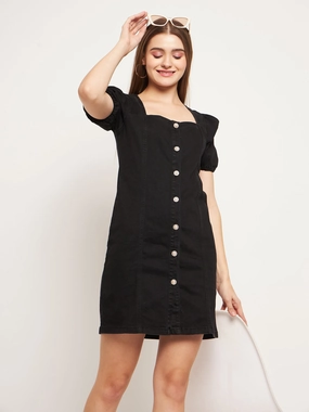Madame Button Down Solid Black Mini Denim Dress Minimalist Layering