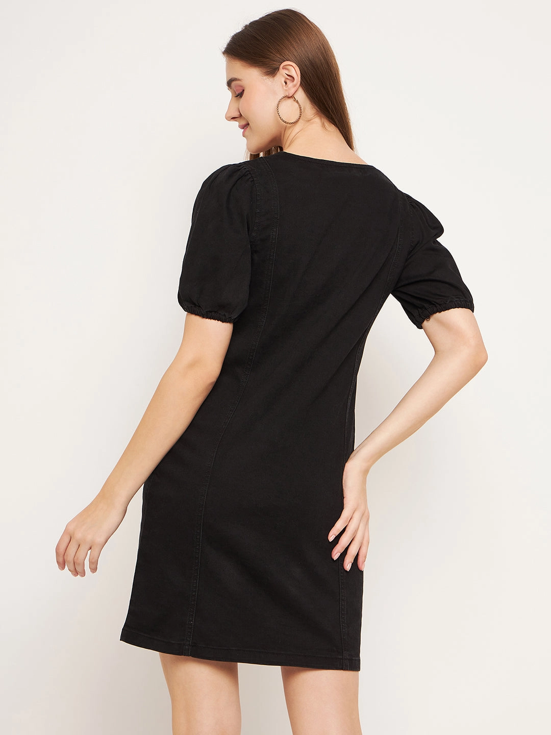 BreathableFabric Madame Button Down Solid Black Mini Denim Dress