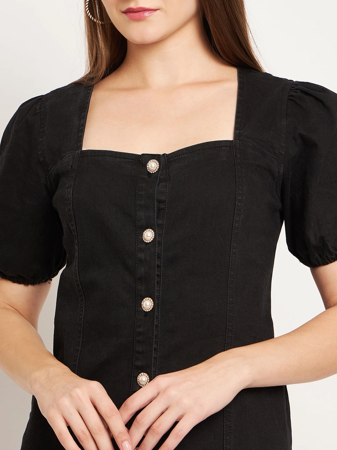 Evening-Wear Madame Button Down Solid Black Mini Denim Dress