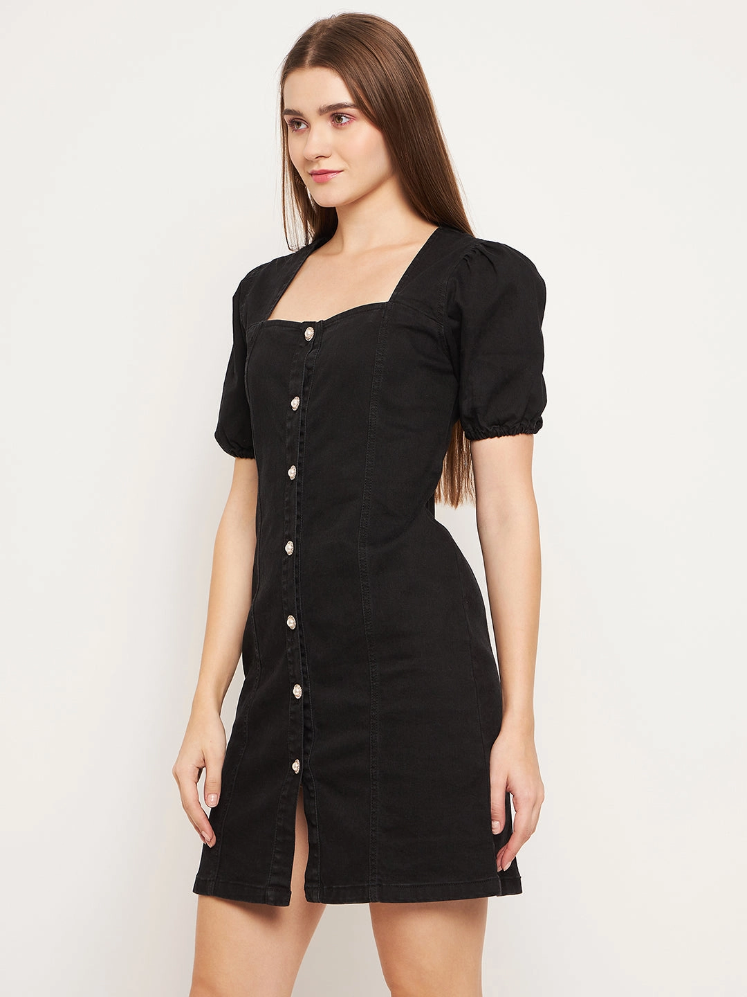 Refined Mood Open Design Madame Button Down Solid Black Mini Denim Dress
