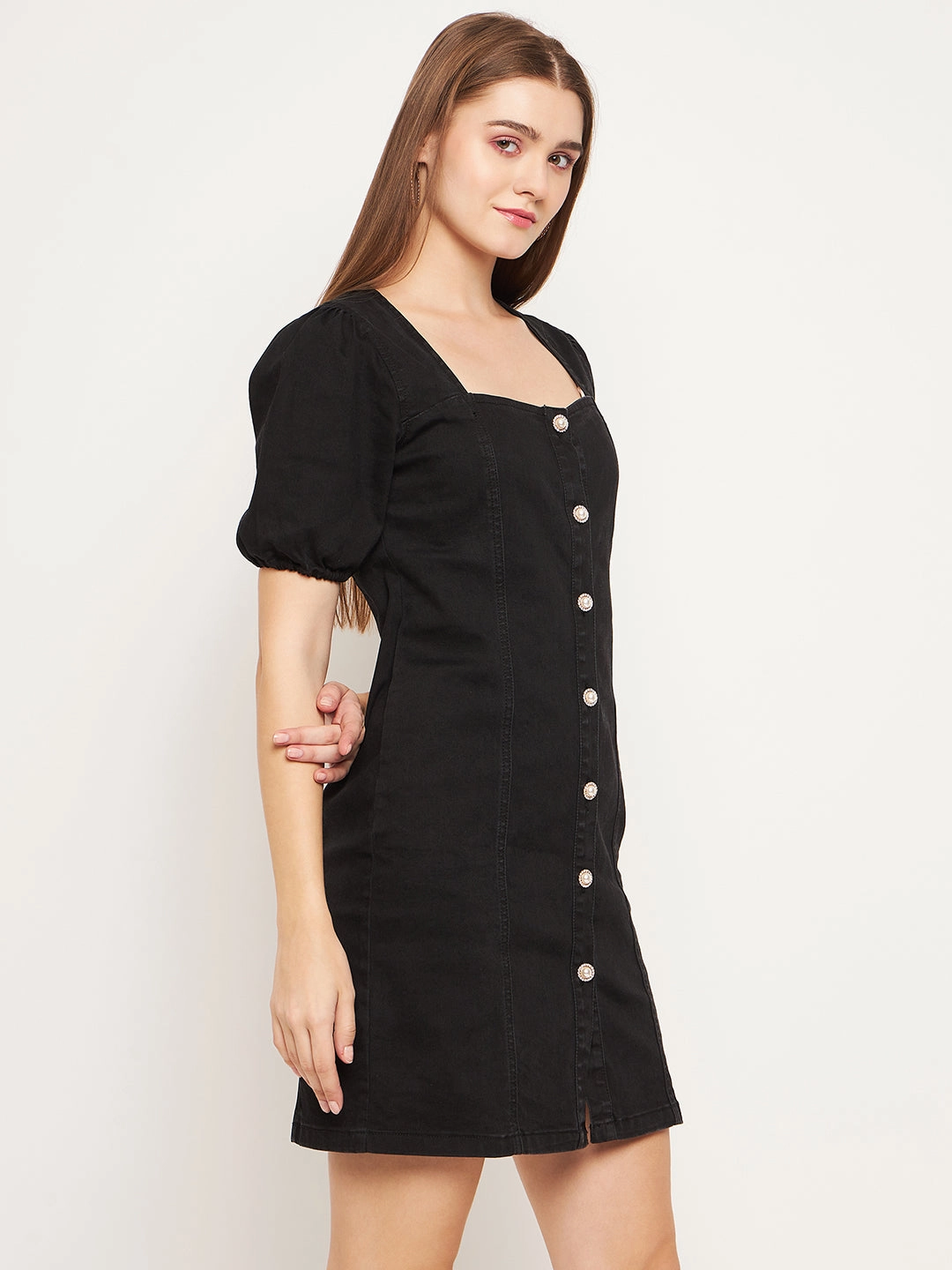 Cozy Drape Clean Aesthetic Madame Button Down Solid Black Mini Denim Dress
