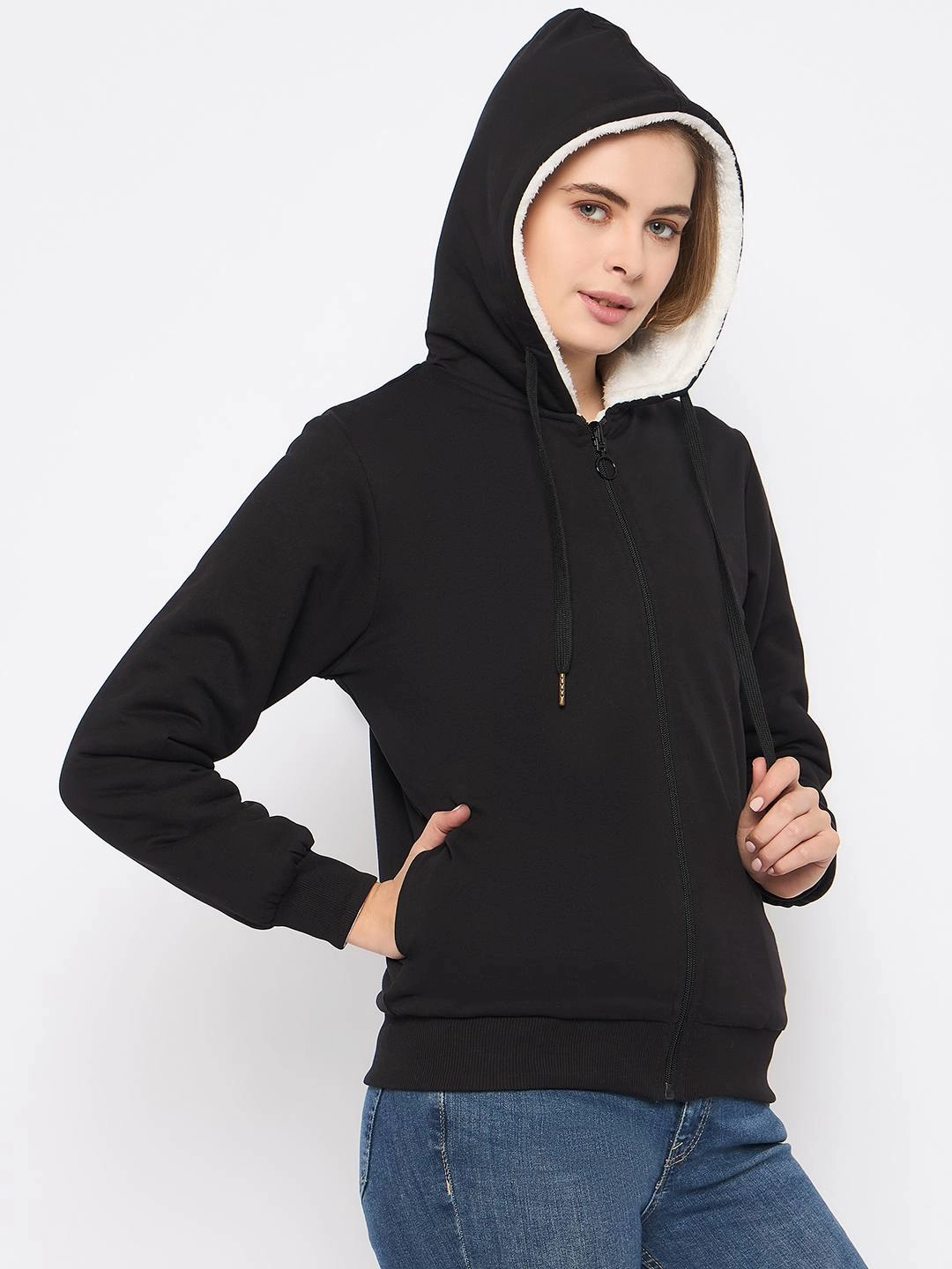 Madame Metal Detailed Zipper Black Hooded Sweatshirt Timeless Fashion Hoodie Fashion