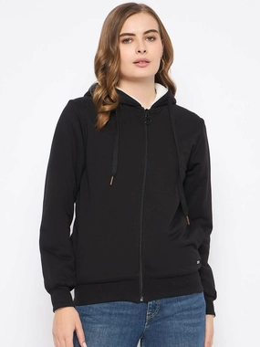 Sporty Wearable product handmade uniqueness Madame Metal Detailed Zipper Black Hooded Sweatshirt