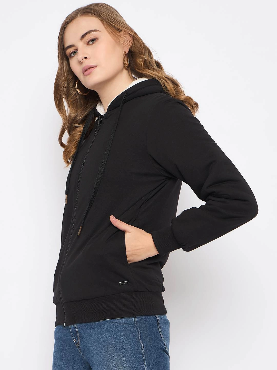 Graphic Art product photography Madame Metal Detailed Zipper Black Hooded Sweatshirt