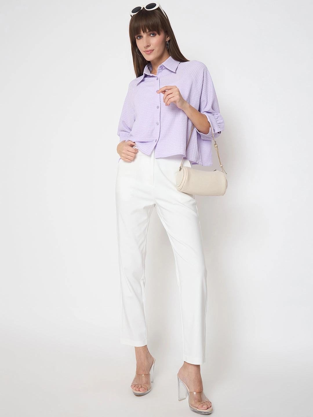 Comfortable Look Tailored Cut Madame Shirt Collar Buttoned Orange Lilac Shirt