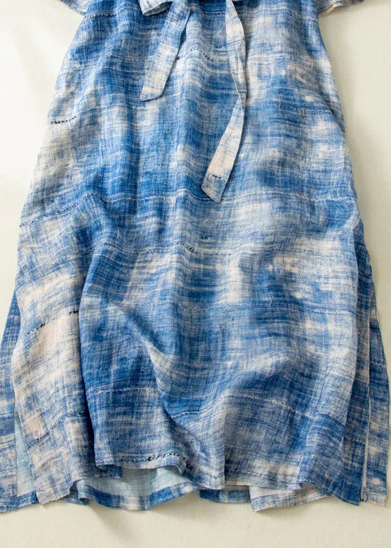 Classy Blue Tie Dye Side Open Tie Waist Linen Long Dresses Summer LY4492