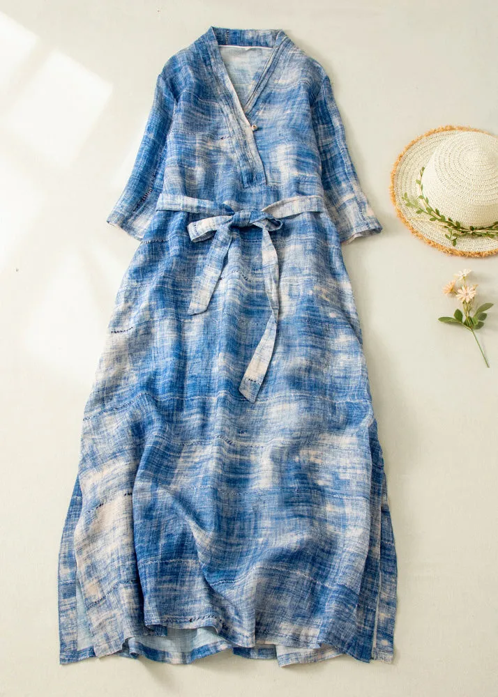 Classy Blue Tie Dye Side Open Tie Waist Linen Long Dresses Summer LY4492