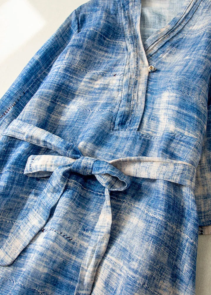 Classy Blue Tie Dye Side Open Tie Waist Linen Long Dresses Summer LY4492