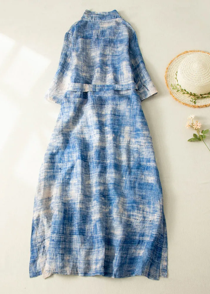Classy Blue Tie Dye Side Open Tie Waist Linen Long Dresses Summer LY4492