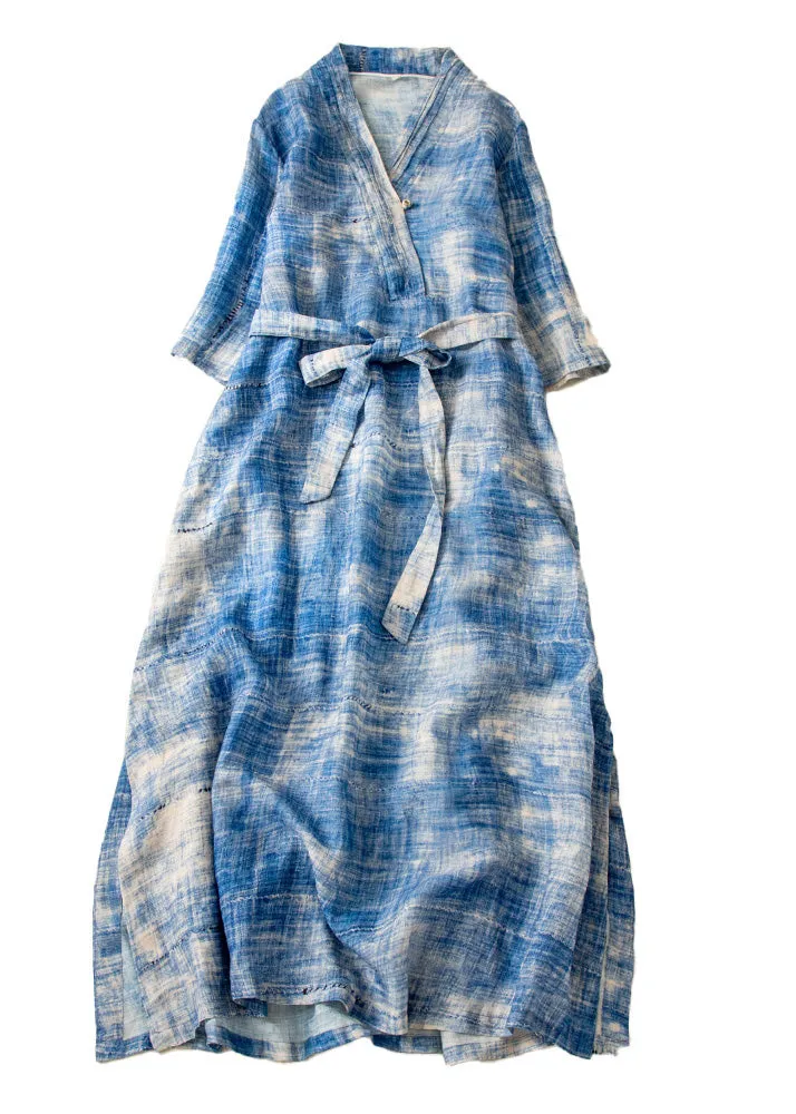 Classy Blue Tie Dye Side Open Tie Waist Linen Long Dresses Summer LY4492
