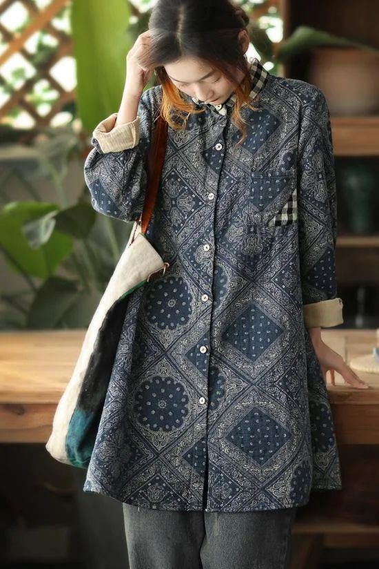 Classy Green Plaid Shirts Women Lapel Pockets Baggy Spring Tops