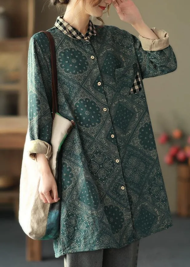 Classy Green Plaid Shirts Women Lapel Pockets Baggy Spring Tops
