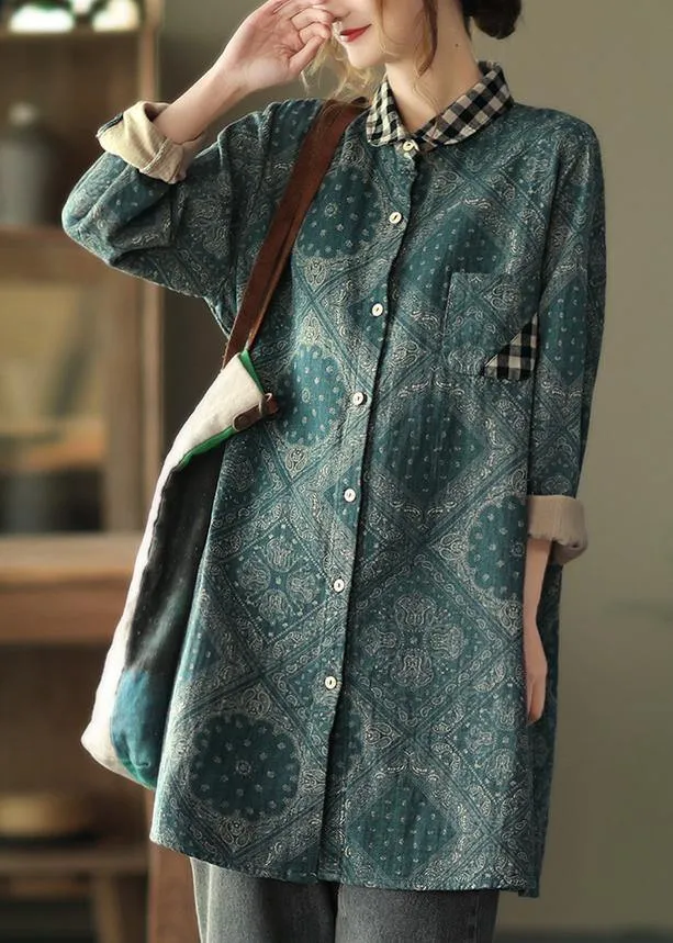 Classy Green Plaid Shirts Women Lapel Pockets Baggy Spring Tops