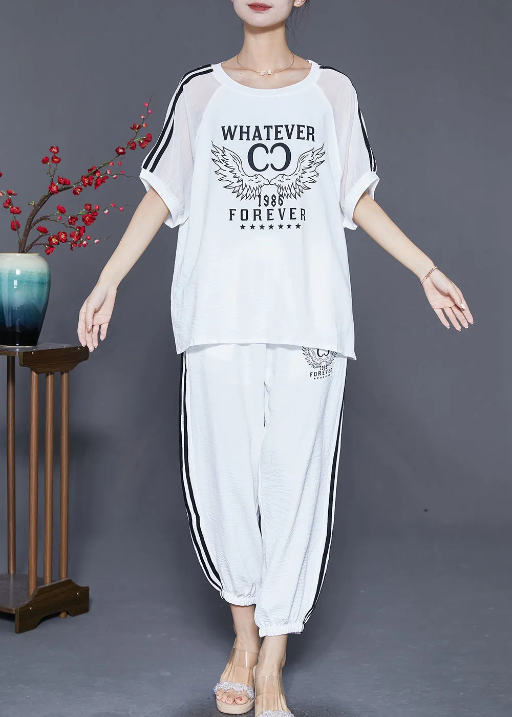 Classy White Oversized Print Linen Silk Two Pieces Set Summer LY6866