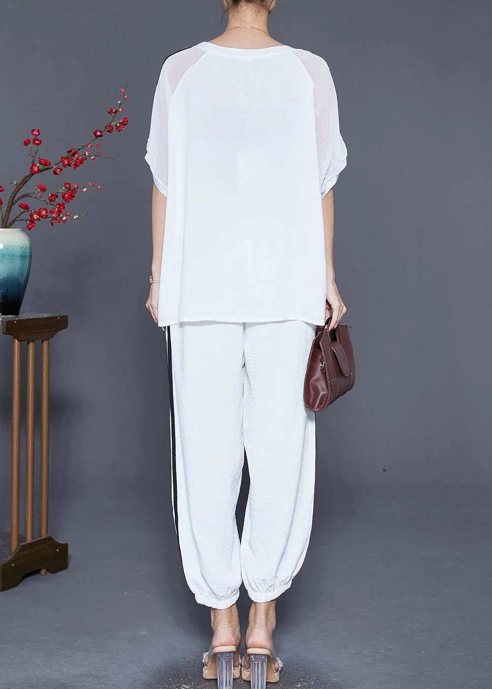 Classy White Oversized Print Linen Silk Two Pieces Set Summer LY6866